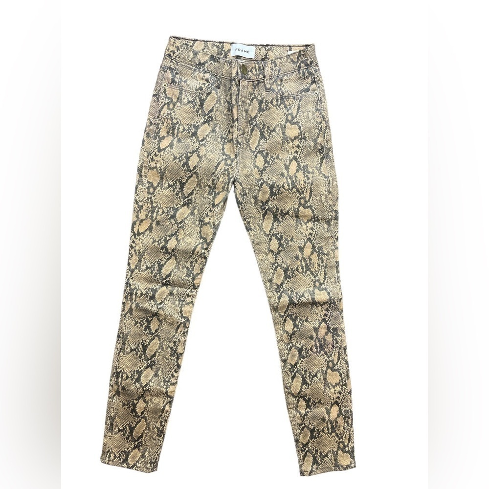 Frame Denim Jeans  Coated Python Le High Skinny Crop Stretch Wax Coated Tan /25 - Picture 3 of 7